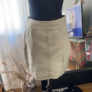 Distressed pale army green denim skirt